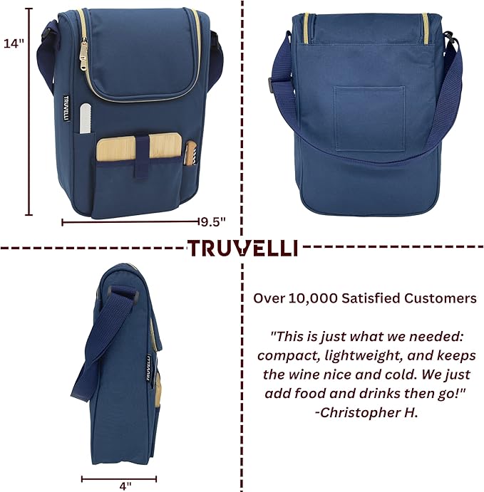 Truvelli Plush Picnic Premium Wine Bag, 7-in-1 Insulated 2 Bottle Wine Carrier Tote, Wine & Cheese Cooler Bag, Great Gifts for Wine Lovers (Deep Blue)