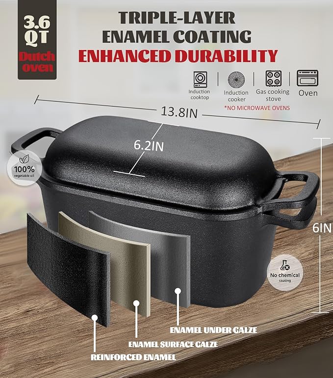 Dutch Oven for Bread Baking-3.6QT Oval Cast Iron Pot Bread Pan with Lid-Sourdough Bread Baking Supplies Starter Kit