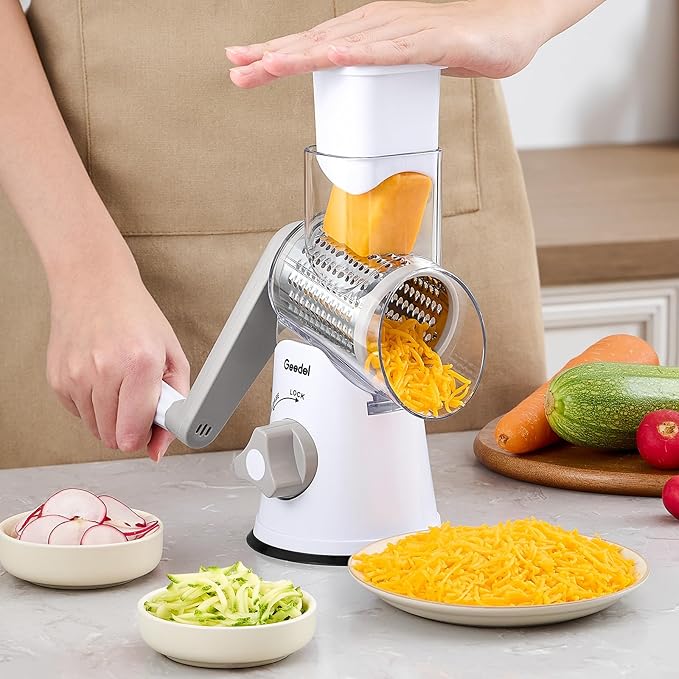 Geedel Rotary Cheese Grater, Kitchen Mandoline Vegetable Slicer with 3 Interchangeable Blades, Easy to Clean Rotary Grater Slicer for Fruit, Vegetables, Nuts