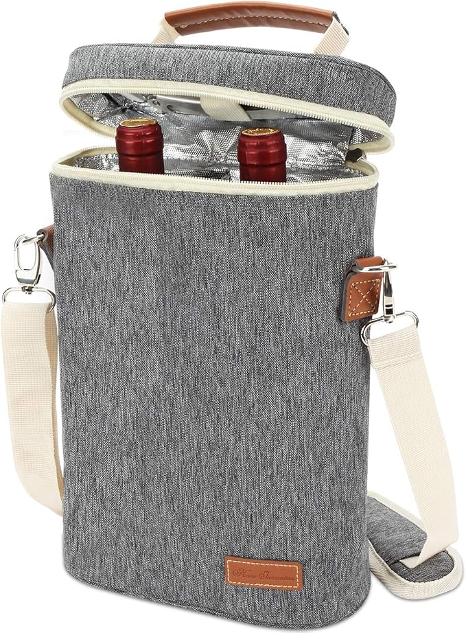 ZORMY 2 Bottle Insulated Wine Tote Bag, Wine Carrier Travel Padded Cooler Bag with Shoulder Strap & Corkscrew Opener, Perfect Wine Lover's Gift, Great for Picnics Grey