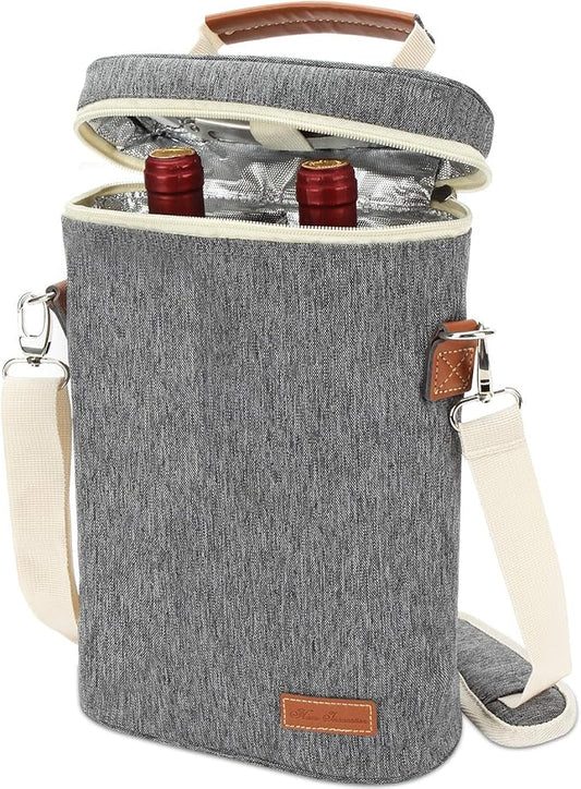 ZORMY 2 Bottle Insulated Wine Tote Bag, Wine Carrier Travel Padded Cooler Bag with Shoulder Strap & Corkscrew Opener, Perfect Wine Lover's Gift, Great for Picnics Grey