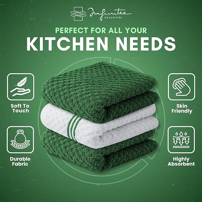 Infinitee Xclusives Premium Kitchen Towels – Pack of 3, 100% Cotton 15 x 25 Inches Absorbent Dish Towels - Terry Kitchen Dishcloth Towels - Green Dish Cloth for Household Cleaning