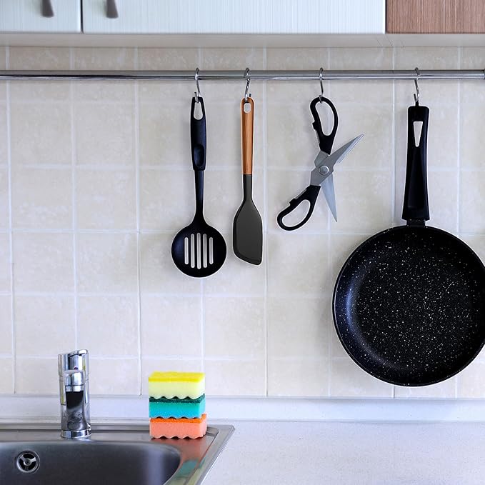 Wooden Handle Silicone Rubber Spatula Set for Kitchen Baking, Cooking, and Mixing High Heat Resistant Non Stick Dishwasher Safe BPA-Free Black+blue Set of 2 (Wooden handle spatula-Two-color)