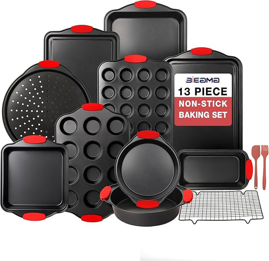 13-Piece Baking Pans Sets, Nonstick Bakeware Sets, BPA-Free Carbon Steel Stackable, Cookie Sheet, Cake, Loaf, Pizza & Muffin Pan, Grey