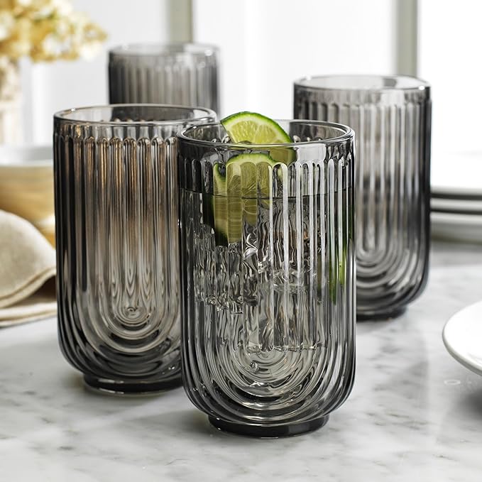 Vintage Glassware Art Deco Highball Glasses Set of 4 Smoke Ribbed Drinking Glasses 17 Oz Black U-Shape Arch Design Colored Cocktail Kitchen Tumblers
