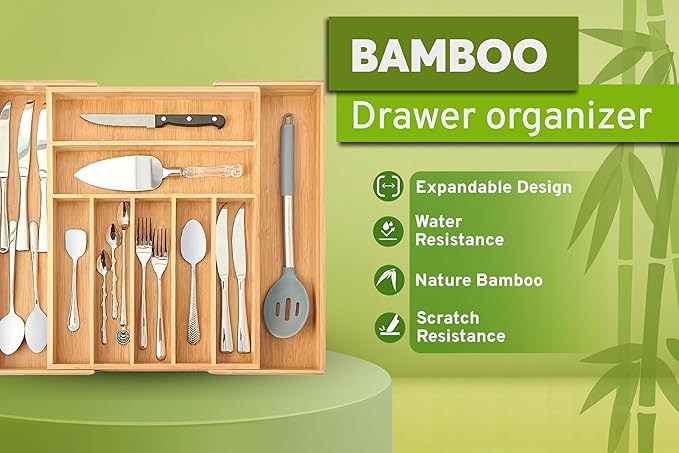 Nature Gear Bamboo Kitchen Drawer Organizer, Expandable Wood Utensil Tray, Adjustable Silverware Organizer with 9 Compartments for Fork, Spoon & Knife Utensils