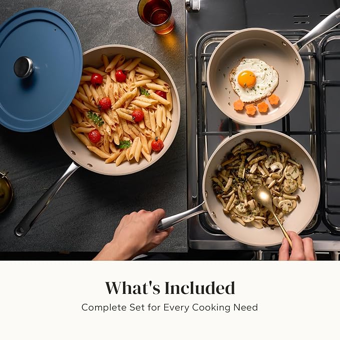 Redchef Nonstick Ceramic Pans, 4-Piece Deep Ceramic Frying Pan with Lid, 8" 9.5" 11" Deep Frying Pan, Egg Frying Pans Suitable for All Stovetops, PFAS & PTFE & PFOA Free, Dishwasher & Oven Safe, Blue