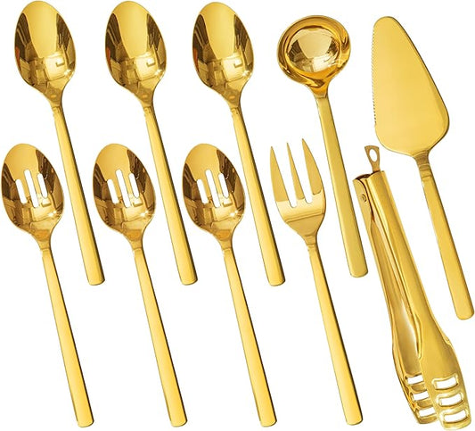 KINGSTONE Large Hostess Gold Serving Utensils Set, Heavy Duty 18/10 Stainless Steel - 10 inch Serving Spoons, Slotted Spoons, Forks, Tongs, Cake Pie Server for Buffet, Wedding, Party