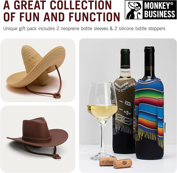 Monkey Business Giftbox for Wine Lovers – 2 Neoprene Wine Bottle Poncho Covers + 2 Silicone Wine Stoppers – Funny Wine Gifts for Hosts and Parties – Insulated Wine Sleeves – Fits 750ml Bottles