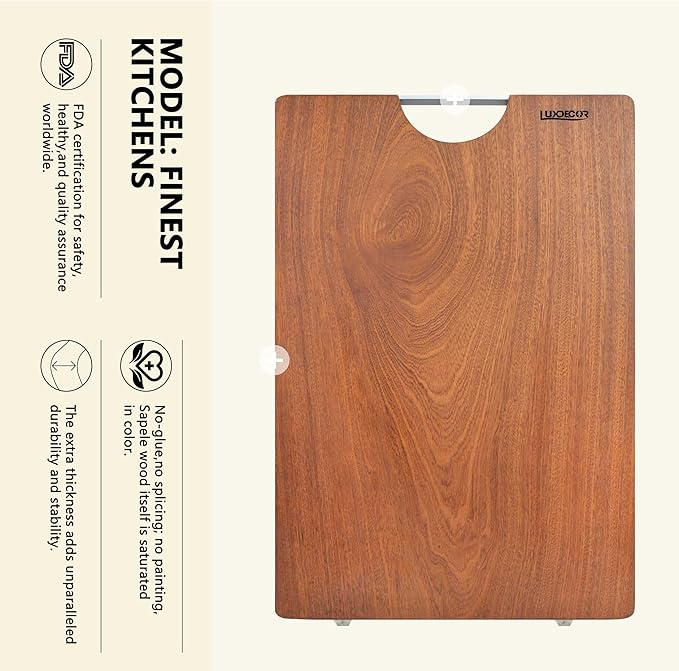 Solid Wood Cutting Board One Piece Cutting Boards Made of Entire Piece Sapele Wood, Hardwood Cutting Board Heavy Duty 15.7 * 11.8 * 1.2in (No Glue)
