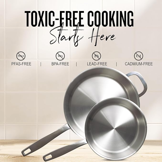 Alva Maestro 5-Ply Stainless Steel Frying Pan 3-Piece Set – Made Without PFAS/PFOA/PTFE, Non-Toxic Cookware – Induction & All Stovetop Compatible, Oven Safe, Even Heat Distribution – Belgian Designed