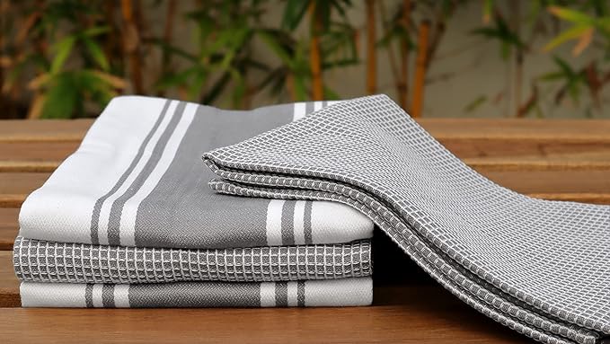 AMOUR INFINI Cotton Kitchen Towels - Set of 4 Highly Absorbent, Ultra Soft Waffle Weave Tea Towel with Hanging Loop - 20x28 Inch Quick Drying Dish Cloths for Cleaning (L.Grey)