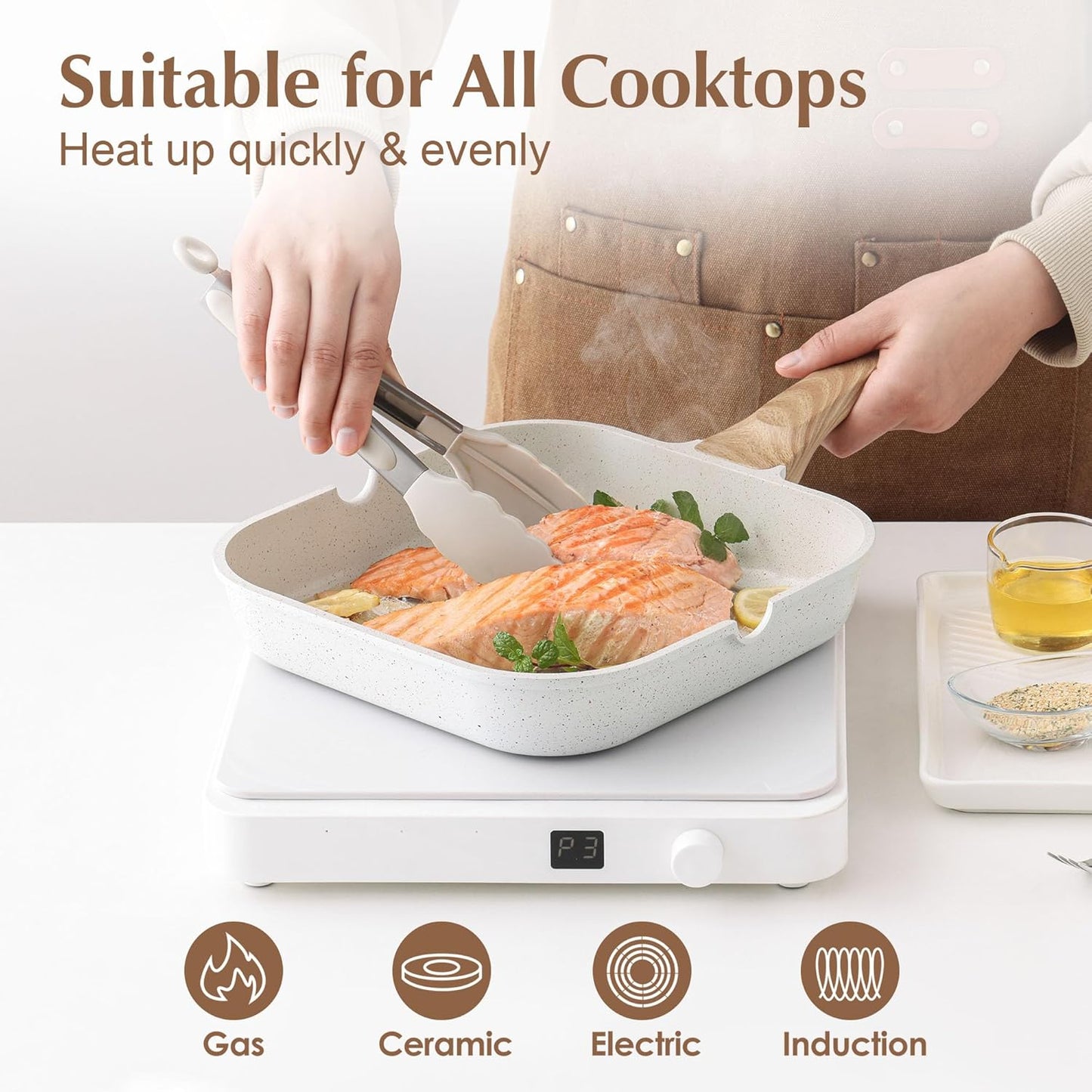 SENSARTE Nonstick Ceramic Grill Pan for Stove Tops, Versatile Square Grilling Pan with Pour Spouts, Durable Grill Skillet for All Stoves(Gas,Electric,Induction) Non Toxic-PTFE,PFAS,PFOA Free, 9.5Inch