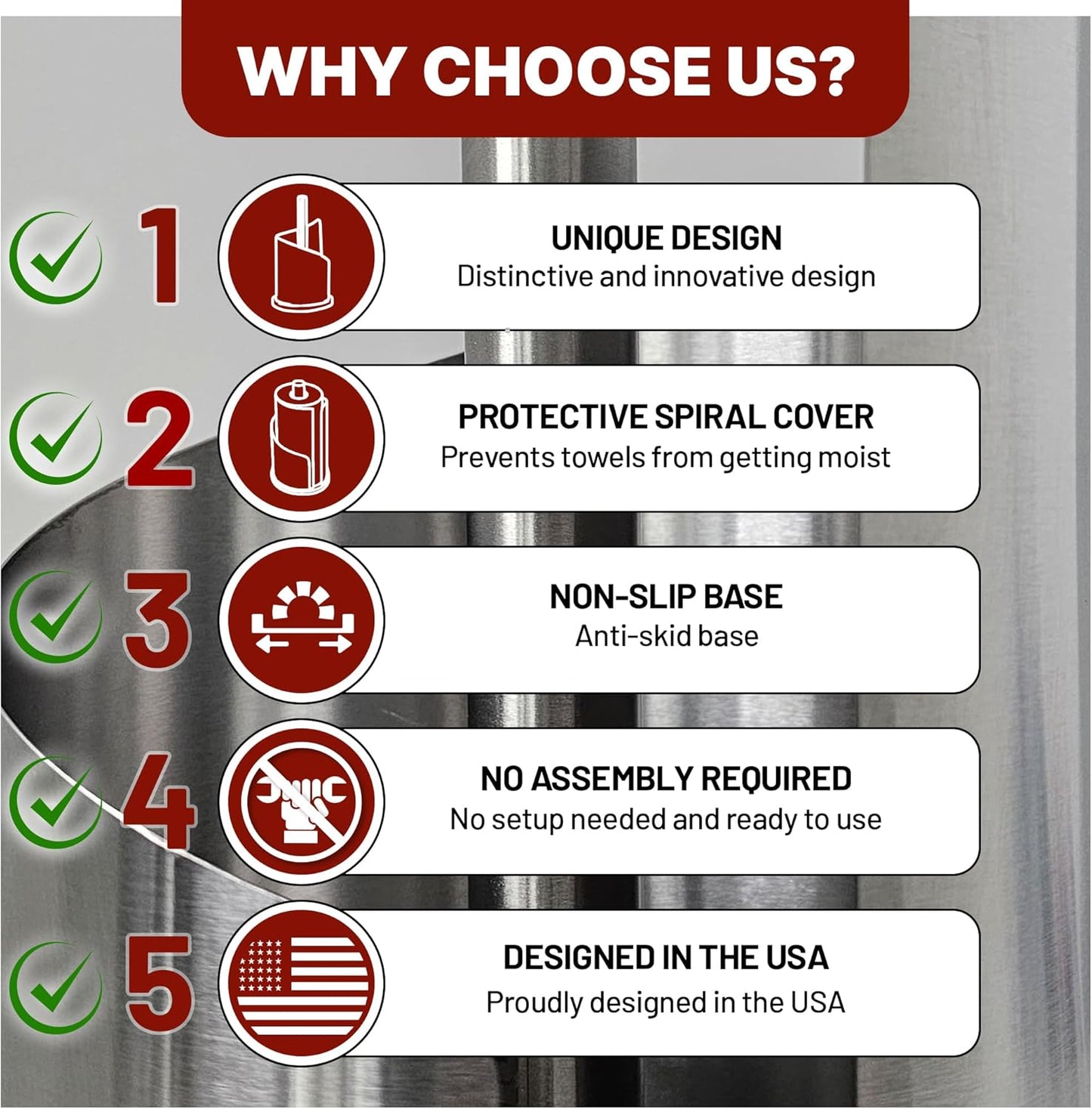 Stainless Steel Paper Towel Holder Countertop, Modern Spiral Cover Design,Keep Paper Towel Clean,Weighted Base for Stability, Freestanding Easy One-Handed Operation for Kitchen Bathroom (Black)