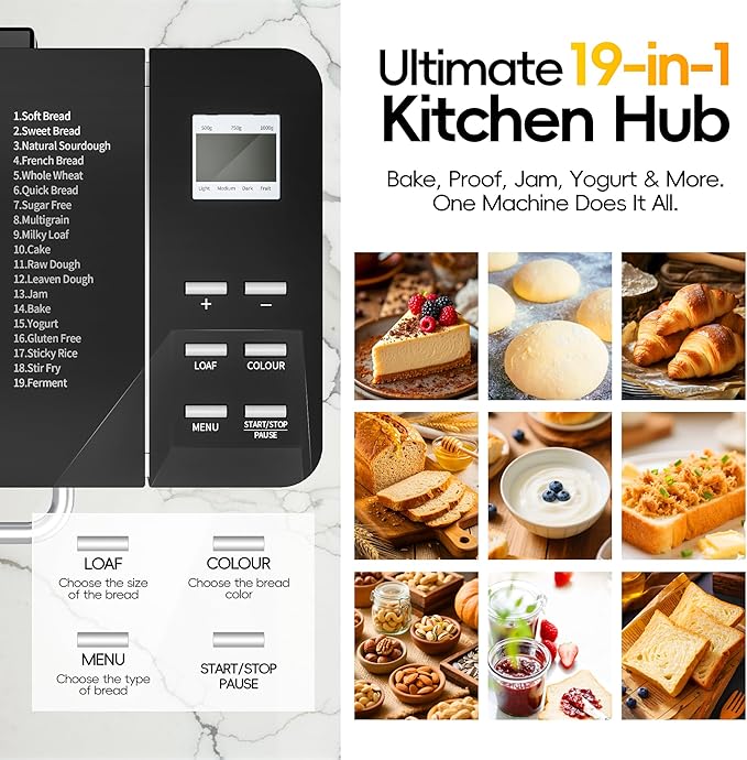 2LB & 1.5LB Bread Maker Machine, 19-in-1 Automatic with 3 Crust Colors, 3-Step Beginner-Friendly Operation, Keep Warm, Programmable Delay Timer for Homemade Bread, Silver