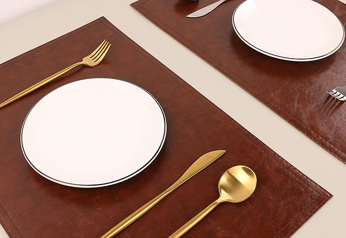 Waterproof PU Placemats, Faux Leather Dining Table Mat, Set of 6, Easy to Wipe Off Scrub Vinyl Mat, Heat & Stain Resistant for Office Conference Table, Home Decor