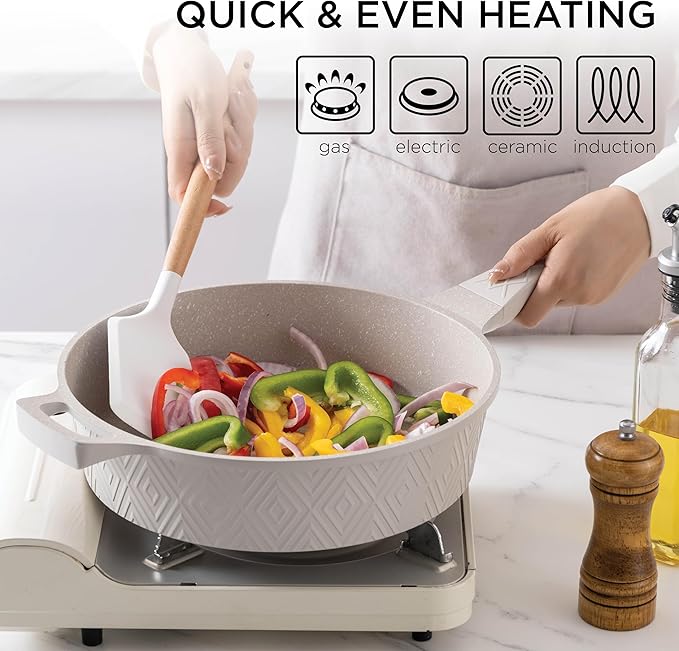 Country Kitchen Non-Stick Cast Aluminum Cookware Set - Durable Kitchen Cookware for Everyday Cooking, Cream Rhombus, 11 Pc.