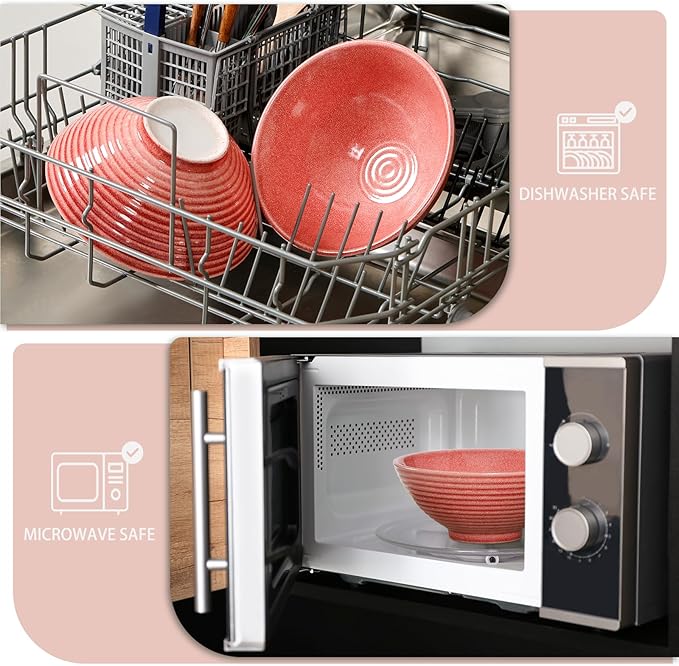 NUTRIUPS 8 Inch Ceramic Ramen Bowl Set of 2 Pho Bowls 40oz Japanese Noodle Udon Soup Bowls with Spoons and Chopsticks (pink)