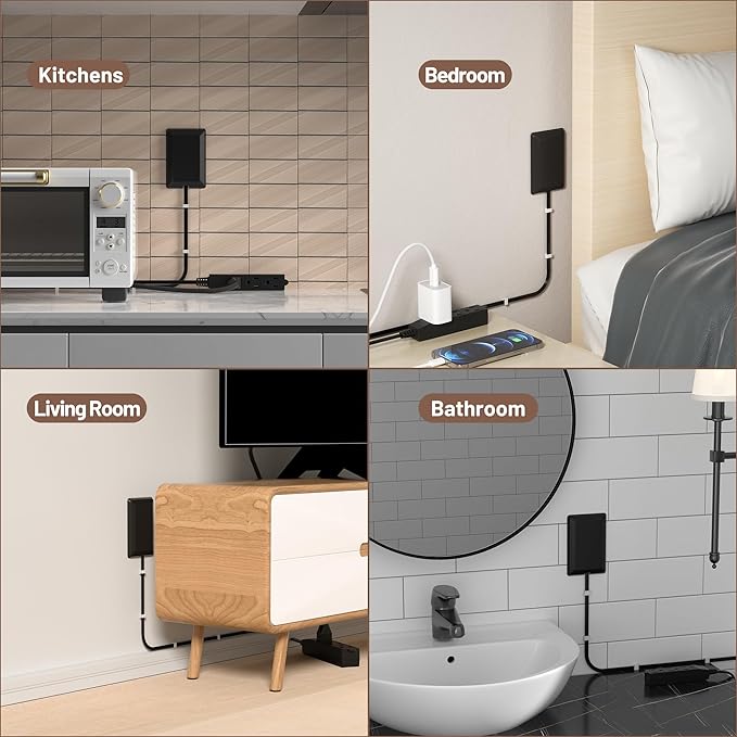 3FT Flat Plug Extension Cord with Ultra Thin Outlet Concealer with Cord Concealer Kit,3 Outlet Power Strip,Universal Size for Home,Bedroom,Kitchen,Bathroom,Office,ETL Listed,Black