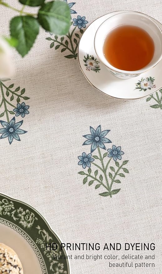 Floral Tablecloth for Round Tables,Linen Table Cloth with Blue Flowers and Green Leaves Pattern,Heavy Durable Table Cover for Dining Kitchen Decor Party Christmas,Diameter 55"