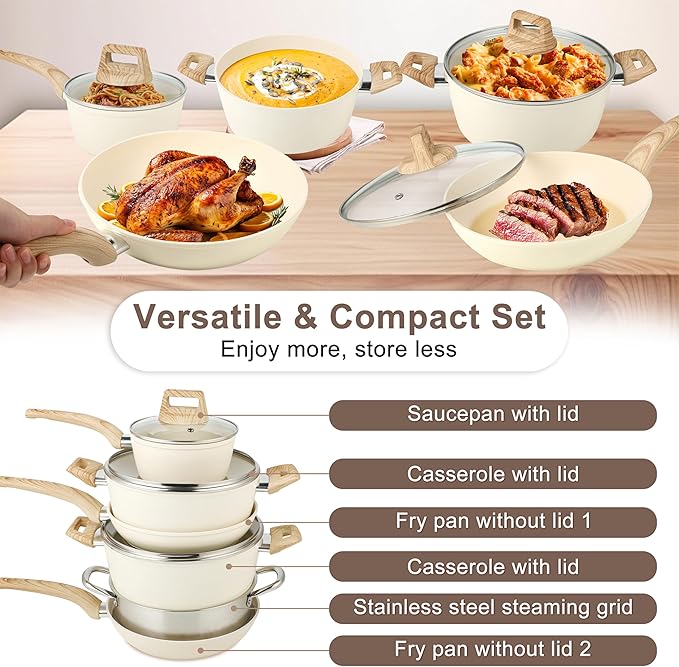FAB&DELUXE Nonstick Cookware Set,11 Pcs Nonstick Pots and Pans, Aluminum Cooking Set with Lids & Wooden Handles, Non-Toxic Healthy Kitchen Cookware Sets, Silicone spoons & Spatulas, PFAS & PFOA Free