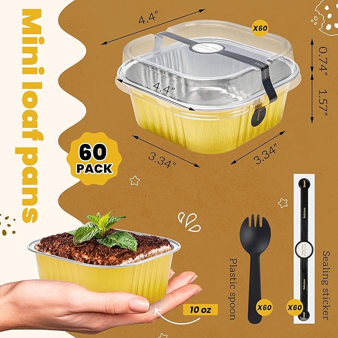 60 Pack Mini Cake Pans with Lids Square Mini Aluminum Pans Pie Tins Flan Containers for Wedding Birthday Party Gift (10 OZ, Gold)