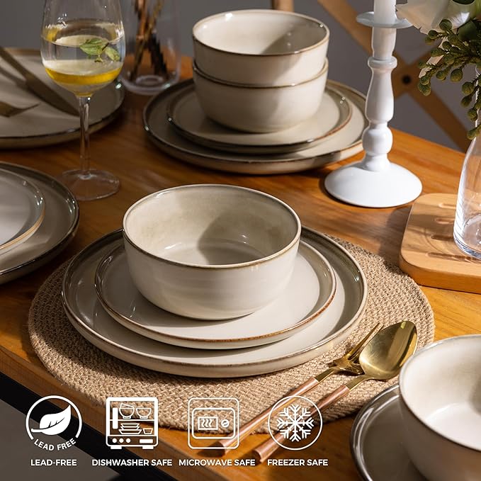 GBHOME 16 Pieces Double Bowls Ceramic Dinnerware Sets for 4, Stoneware Plates and Bowls Set with Reactive Glaze, Scratch Resistant Stoneware Dishes Set, Dishwasher & Microwave Safe