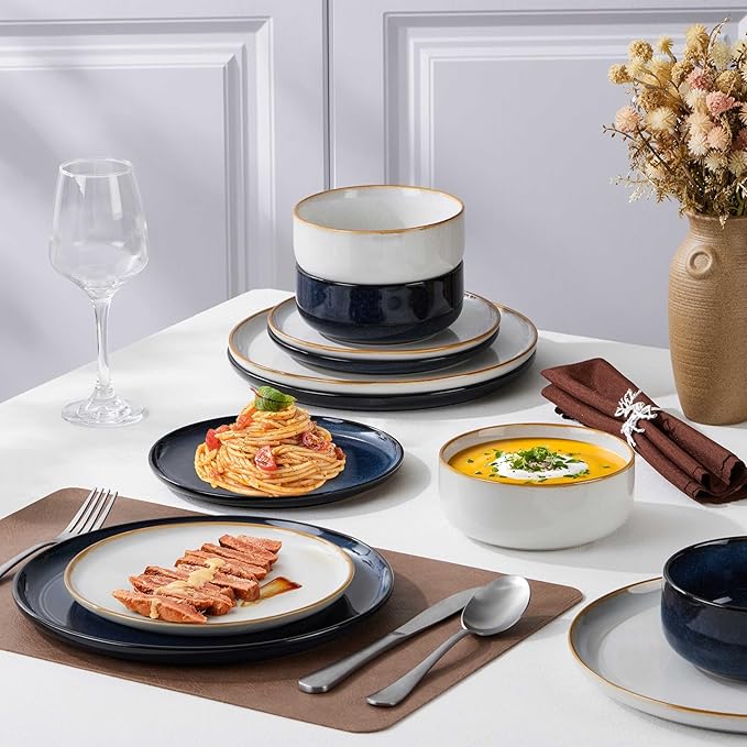 Herogo 12-Piece Stoneware Dinnerware Set for 4, Dinner Plates and Bowls Sets, Double Reactive Glaze Dishware Place Setting for Kitchen, Scratch Resistant, Microwave Safe, Ivory White & Starry Blue