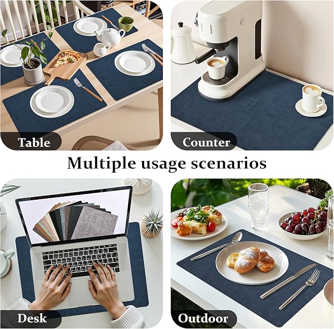 FROMHEART Faux Leather Placemats Set of 12–Waterproof,Heat/Oil Stain-Resistant PU Table Mat–Reversible,Non-Slip,Easy to Clean Place Mats for Kitchen,Dining,Indoor/Outdoor,(Dark Blue,11.8" x 17")