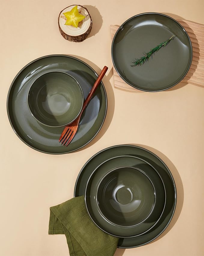 Santorini Mist Terracotta Reactive Glaze Plates and Bowls Sets, Stoneware Dinnerware Sets, Microwave and Dishwasher Safe Ceramic Dish Set Service for 4, Blackish Green