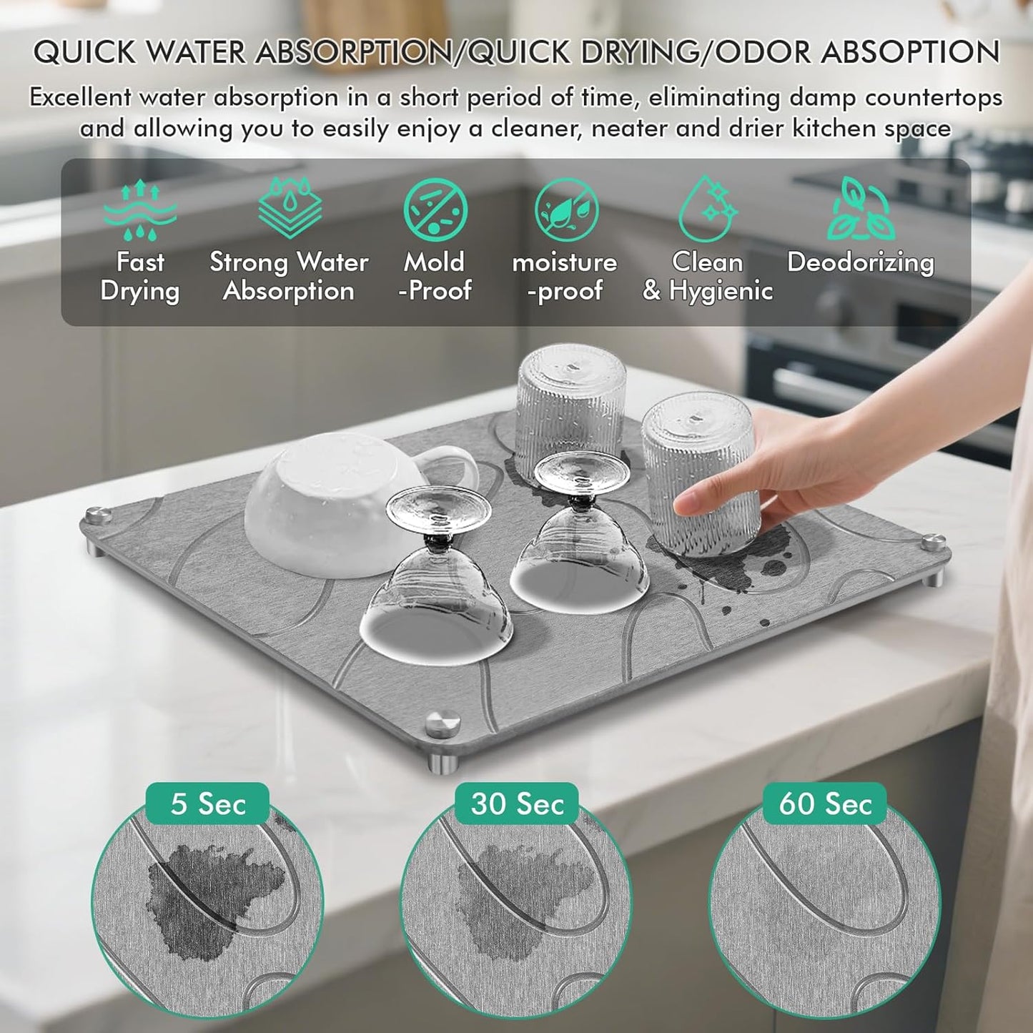 Stone Drying Mat For Kitchen Counter Superb Absorbent Diatomaceous Earth Mats with Non-Slip Feet Quick Dry Stone Dish Drying Pad Dish Pad Multi-Purpose(Flow Line-MediumGray, 15.7" x 11.8")