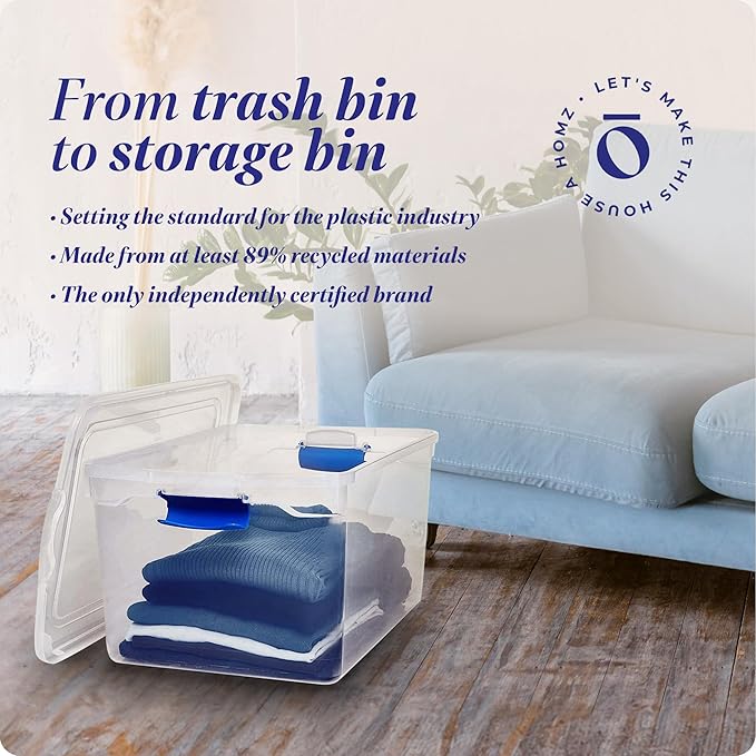 HOMZ 2-Pack Latching Lid, Large Clear Plastic Storage Bins with Lids, 66 Quart, Blue Latch - Stackable Container Boxes for Home, Bathroom, and Office Organization
