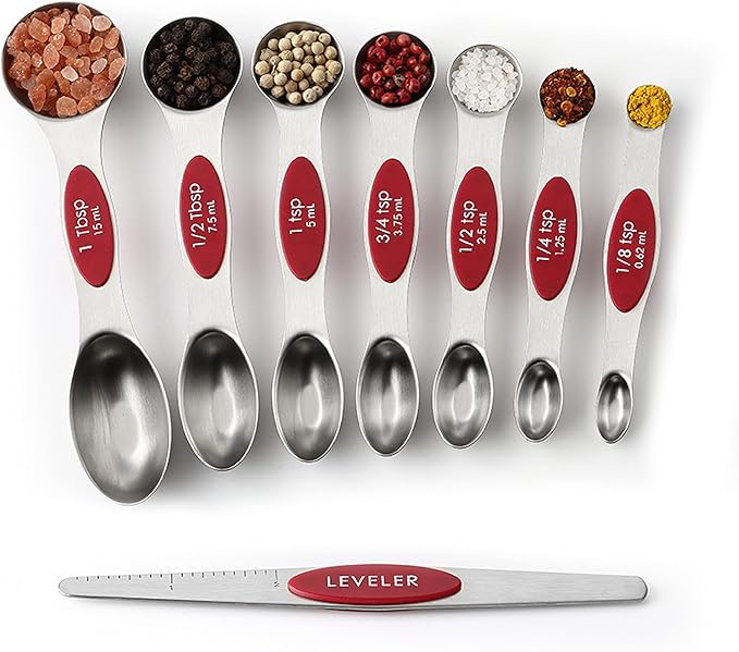 Spring Chef Red Stainless Steel Magnetic Measuring Spoons Set of 8 with Leveler, Dual Sided Nesting Teaspoon & Tablespoon Measuring Spoons, Kitchen Gadgets for Baking & Cooking, Fits in Spice Jars