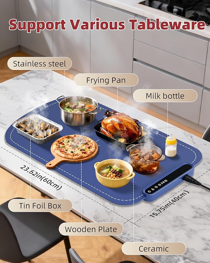 Warming Mat for Food, Upgraded Fast-Heating Electric Warming Tray with 7 Temp Levels & 8 Timers, Buffet Raised Feet & Rollable Silicone Heat Pad, Portable Food Warmer for Home, Party & Travel (Blue)