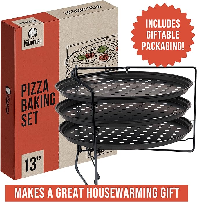 Chef Pomodoro Pizza Baking Set with 3 Pizza Pans & Pizza Rack, 13-Inch, Non-stick Pizza Stand & Pizza Tray for Oven, Grill, Pizza Pan with Holes, Perforated Pizza Pan for Oven, Barbeque