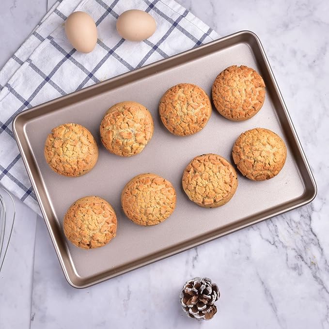 13-Inch Baking Sheet Pan, Non-Stick Carbon Steel Meat Bread Jelly Roll Pizzas Pastries Rimmed Cookie Sheet Pan for Oven Roasting 13" × 9" × 0.8" (Champagne Gold)