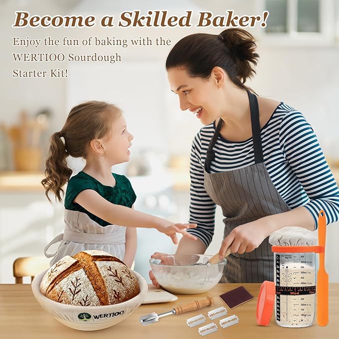 Sourdough Bread Baking Supplies, Sourdough Starter Kit, 2 9 Inch Round Banneton Bread Proofing Basket with 24 Oz Glass Jar, Sour Dough Tools with Danish Dough Whisk & Scraper