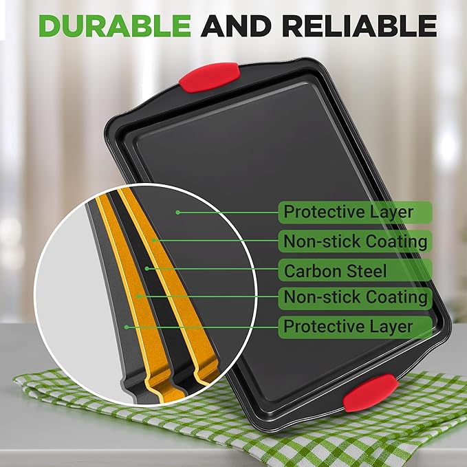 NutriChef Non-Stick Kitchen Oven Baking Pans-Deluxe & Stylish Nonstick Gray Coating Inside Outside, Commercial Grade Restaurant Quality Metal Bakeware with Red Silicone Handles NCSBS8S, 8 Piece Set