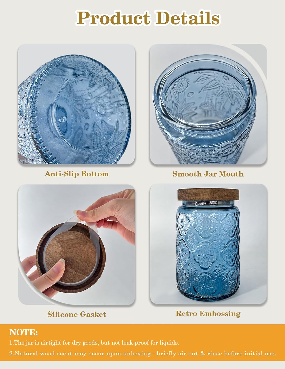 Glass Jar with Airtight Wood Lid – 24 OZ Kitchen and Pantry Canister, Decorative Vintage Storage Container for Candy, Coffee, Cookie, Cereal, Flour, Sugar, Tea, Blue Begonia