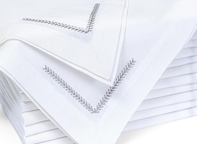 Bedding Craft Cotton Cloth Dinner Napkins Set of 12 – 18x18 with Decorative Embroidery & Selvedge – Machine Washable Fabric Napkins for Weddings, Baby Showers, Christmas & Easter