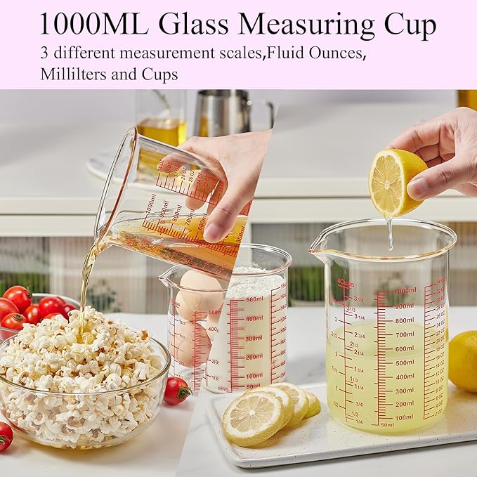 High Borosilicate Glass Measuring Cup Set-V-Shaped Spout，Includes 250ml(8OZ), 500ml(16OZ), and 1000ml(32OZ) Glass Measuring Beaker for Kitchen or Restaurant, Easy to Read