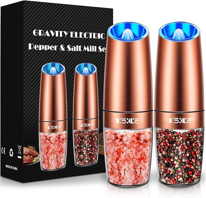 XinXu Gravity Electric Pepper and Salt Grinder Set, Adjustable Coarseness, Battery Powered with LED Light, One Hand Automatic Operation, Stainless Steel -Copper/2 Pack
