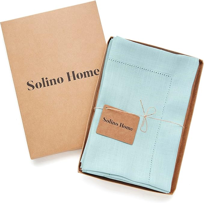 Solino Home Aqua Blue Linen Napkins Set of 4-100% Pure Linen Hemstitch Dinner Napkins 20 x 20 Inch - Classic Hemstitch