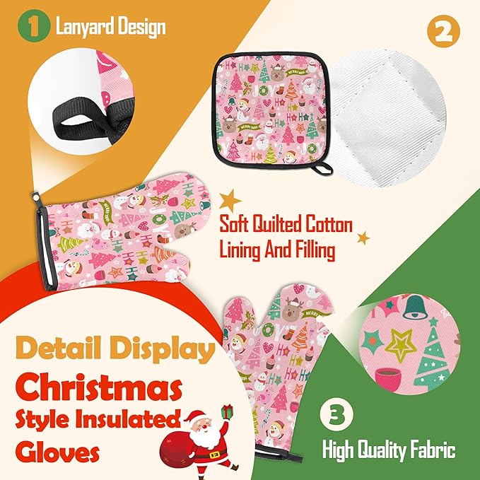 Oven Mitts Pot Holders Set 3 for Kitchen, Merry Christmas Insulation Oven Gloves Heat Resistant Pot Pads Cook Essentials Accessories for BBQ Baking Cooking Kitchen Decor Gifts for Women