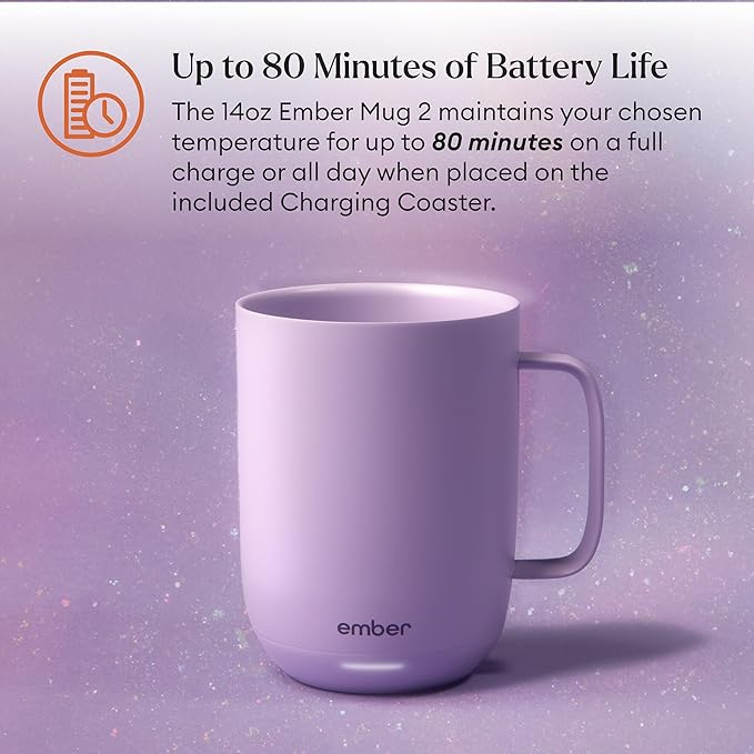 Ember Temperature Control 14oz Smart Mug 2, App-Controlled and Rechargeable Heated Coffee Cup Warmer with Intelligent LED Display, Lavender.
