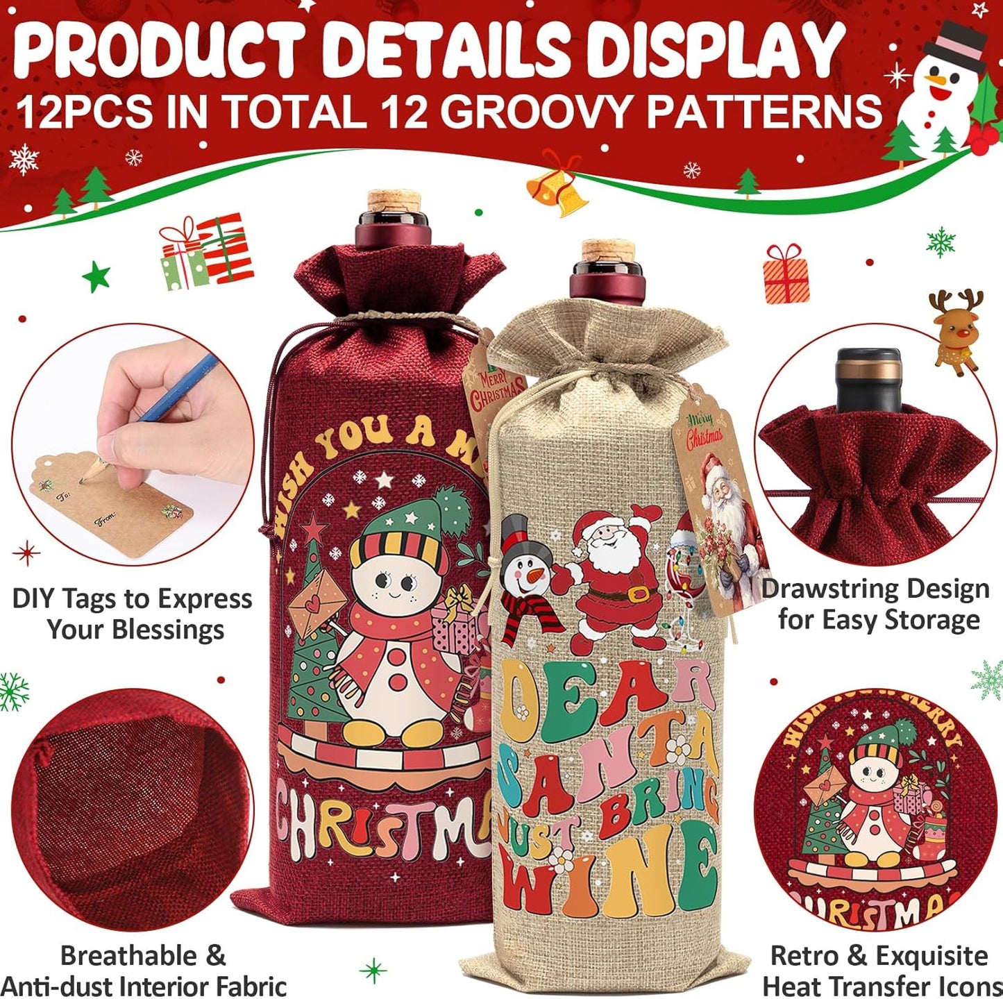 Aoonby 12PCS Burlap Wine Bags Christmas Wines Gift Bag, Drawstring Retro Christmas Bottle Cover Gift Bag w/Tag, Reusable Wines Bags for Bottles Gifts Wine Bottle Covers for Xmas Holiday Party Decor