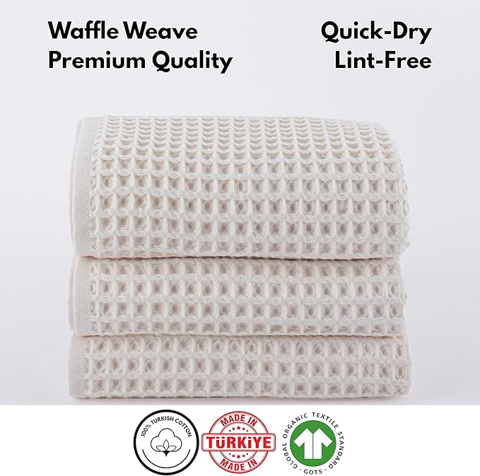 PÜSKÜL Waffle Kitchen Towels - Premium 100% Turkish Organic Cotton Ultra Soft Quick Dry Absorbent Lint Free Hand Dish Towel 32X16 Inches (3, Natural Beige)
