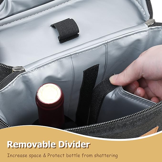 Tirrinia 2 Bottle Leakproof Insulated Wine Tote Carrier Bag - Padded Cooler for Travel, Restaurants, Tasting, Parties, Great Gift for Wine Lovers