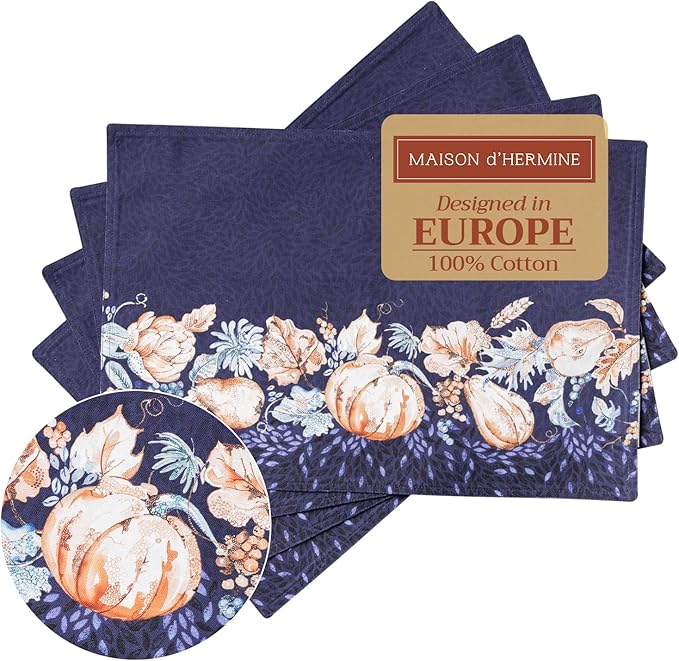 Maison d' Hermine Placemats Set of 4 100% Cotton Washable Cloth Place Mats, Reusable Table Mats for Thanksgiving Christmas Decorations Kitchen Dining Party Wedding (Pumpkin Blues, 13" x 19")