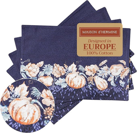Maison d' Hermine Placemats Set of 4 100% Cotton Washable Cloth Place Mats, Reusable Table Mats for Thanksgiving Christmas Decorations Kitchen Dining Party Wedding (Pumpkin Blues, 13" x 19")